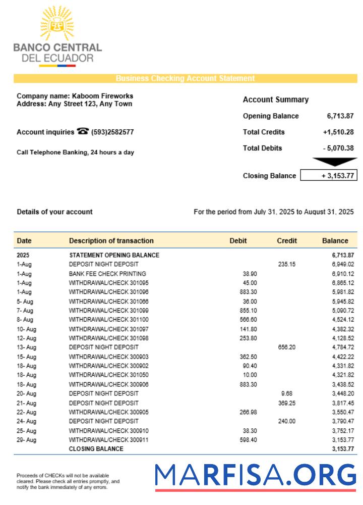 Realistic Central Bank of Ecuadorian organization checking account statement Word and PDF format sample